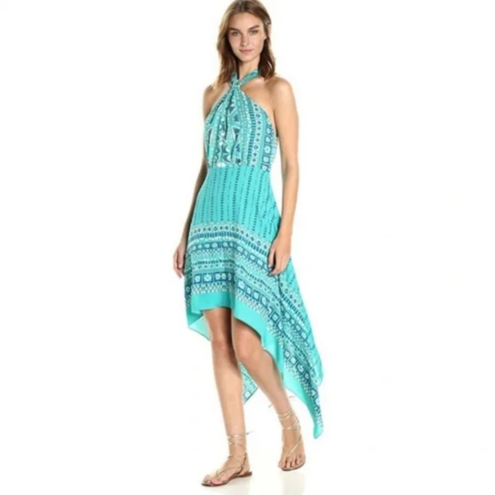BCBG Maxazria Danela Handkerchief Halter Dress 4 Teal, Blue, Green